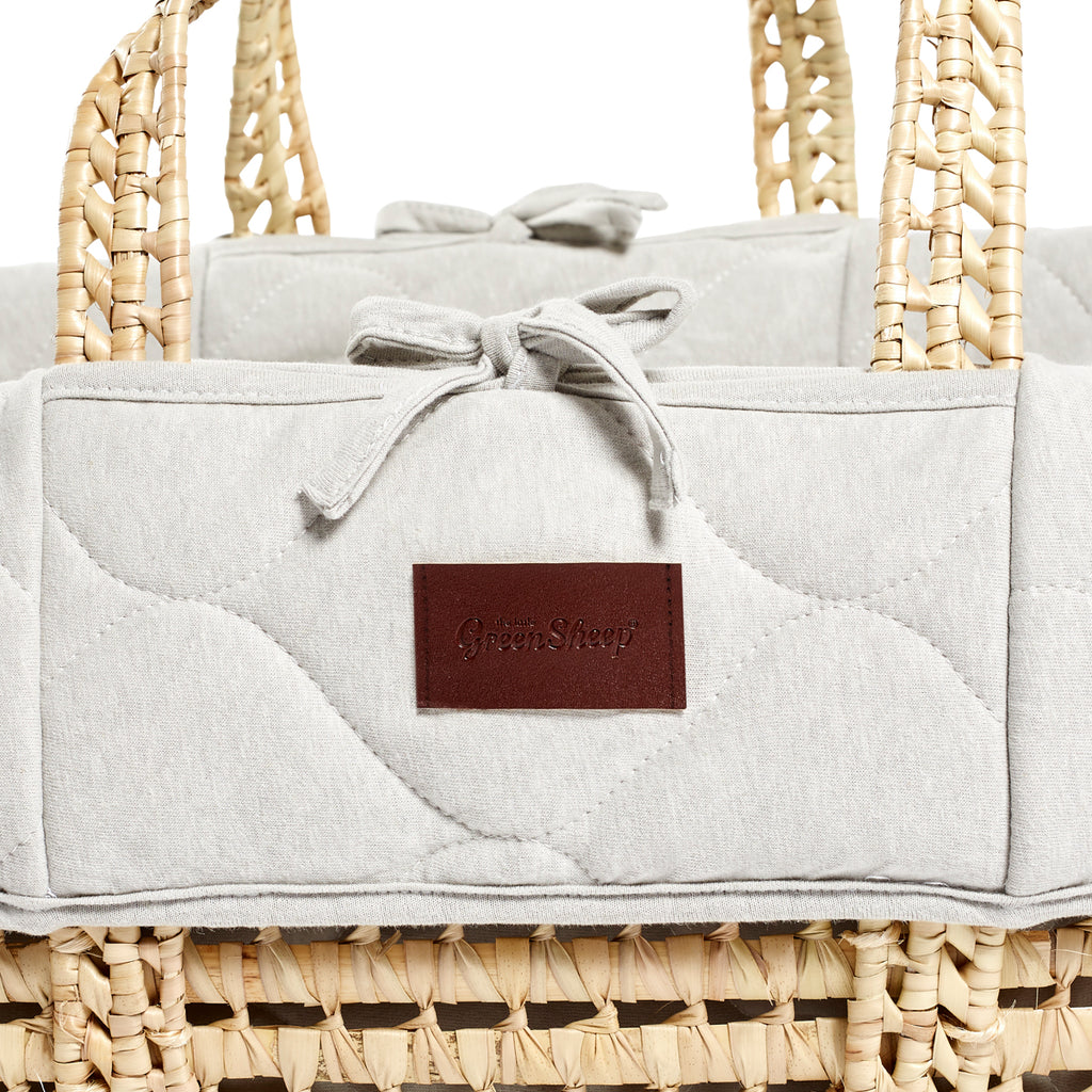 Natural Quilted Moses Basket, Mattress & Natural Foldable Stand Dove Grey