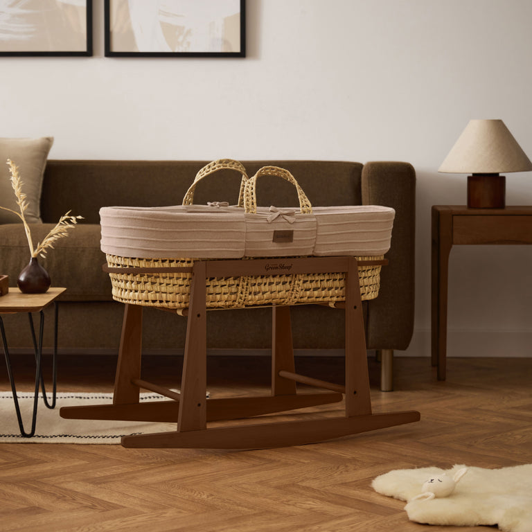 Organic Ripple Knitted Moses Basket, Mattress & Walnut Rocking Stand Truffle