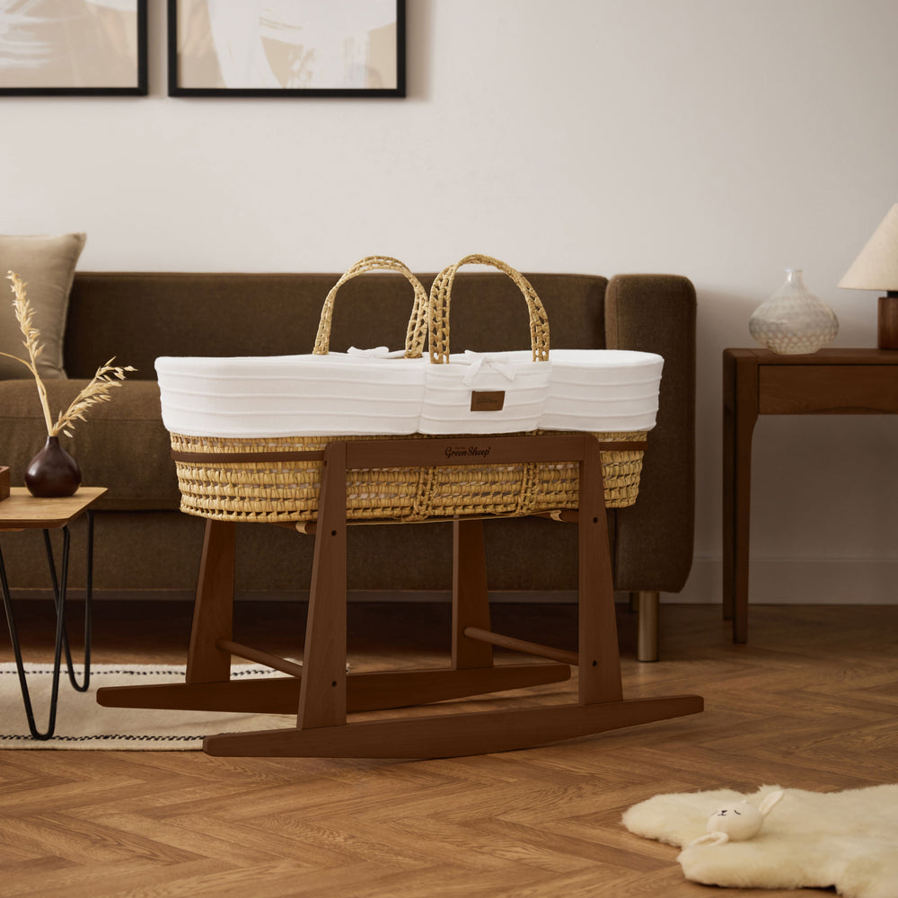 Organic Ripple Knitted Moses Basket, Mattress & Walnut Rocking Stand W ...