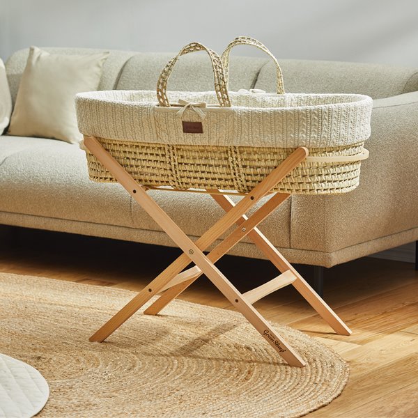 Organic Knitted Moses Basket, Mattress & Natural Foldable Stand Linen