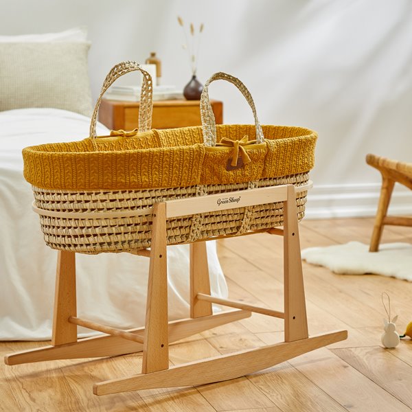 Organic Knitted Moses Basket, Mattress & Natural Rocking Stand Honey
