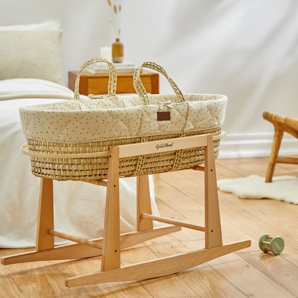 Natural Quilted Rice Moses Basket, Mattress & Natural Rocking Stand Linen