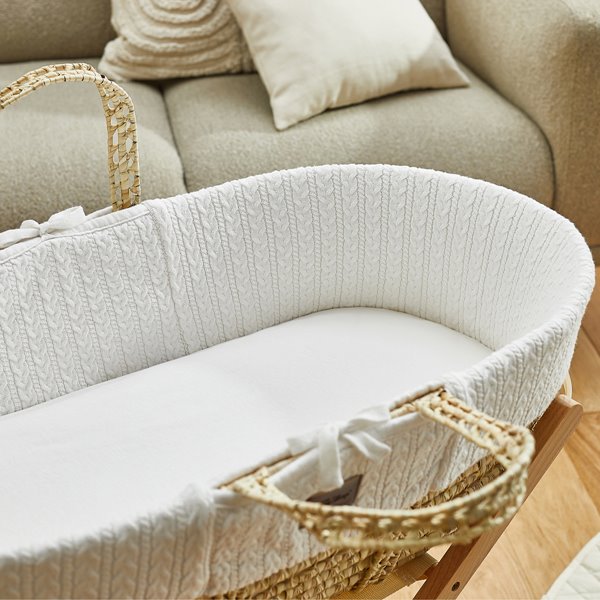 Organic Knitted Moses Basket & Mattress White