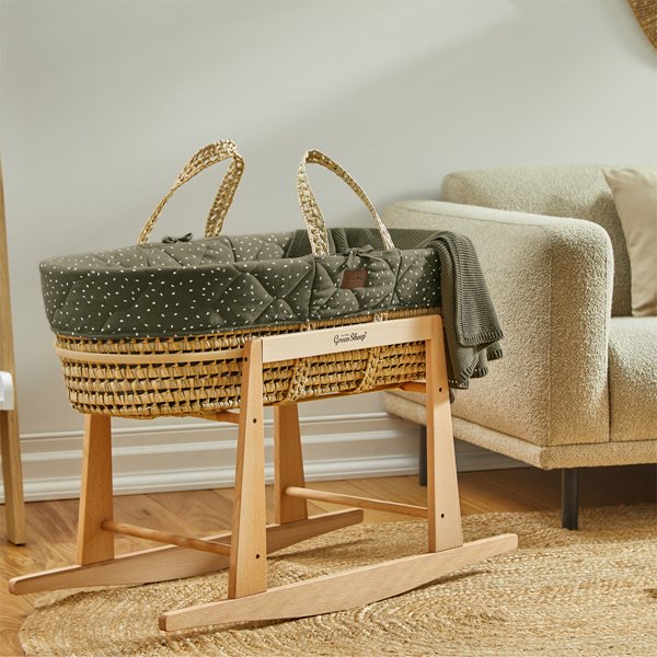 Natural Quilted Rice Moses Basket, Mattress & Natural Rocking Stand Juniper