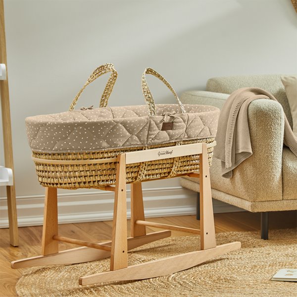 Natural Quilted Rice Moses Basket, Mattress & Natural Rocking Stand Truffle