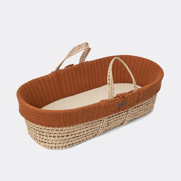 Organic Knitted Moses Basket, Mattress & Natural Rocking Stand Terracotta