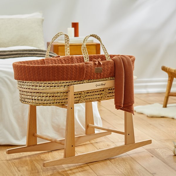 Organic Knitted Moses Basket, Mattress & Natural Rocking Stand Terracotta