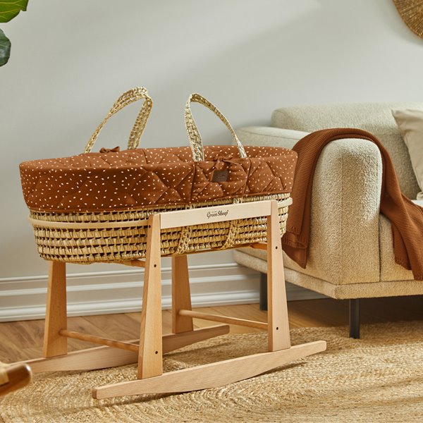 Natural Quilted Rice Moses Basket, Mattress & Natural Rocking Stand Terracotta