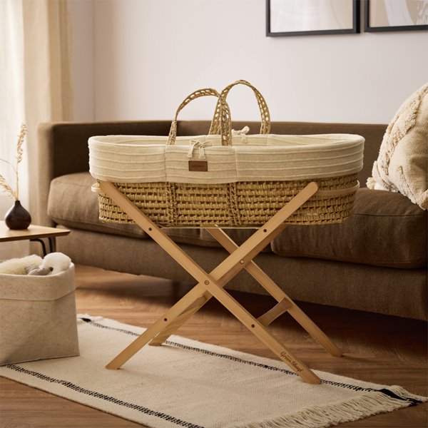 Organic Ripple Knit Moses Basket, Mattress & Natural Foldable Stand Linen
