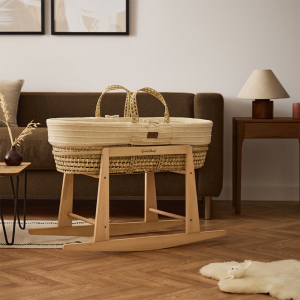Organic Ripple Knitted Moses Basket, Mattress & Natural Rocking Stand Linen