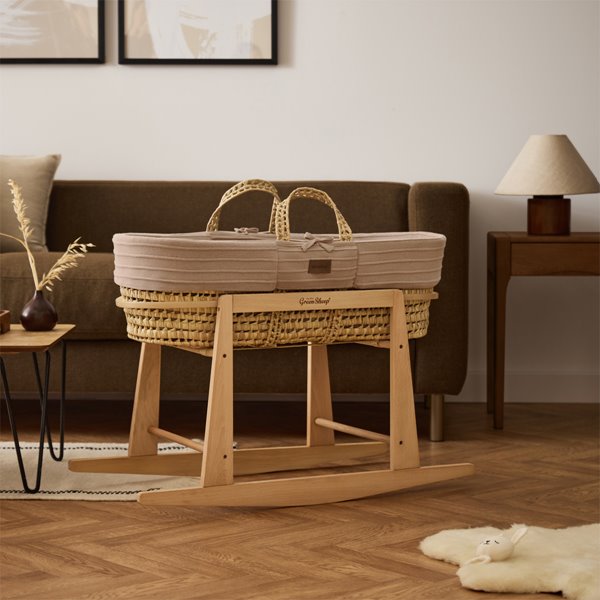 Organic Ripple Knitted Moses Basket, Mattress & Natural Rocking Stand Truffle