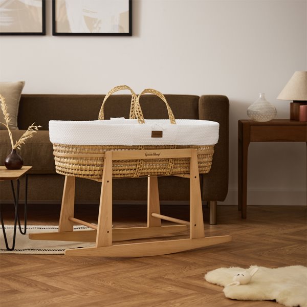 Organic Wheat Knitted Moses Basket, Mattress & Natural Rocking Stand White
