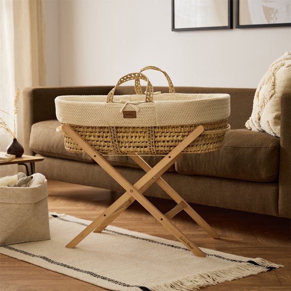 Organic Wheat Knit Moses Basket, Mattress & Natural Foldable Stand Linen
