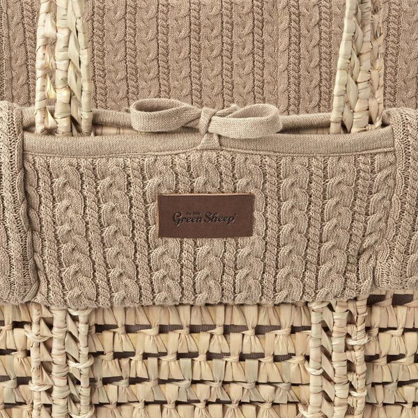 Organic Knitted Moses Basket, Mattress & Walnut Rocking Stand Truffle