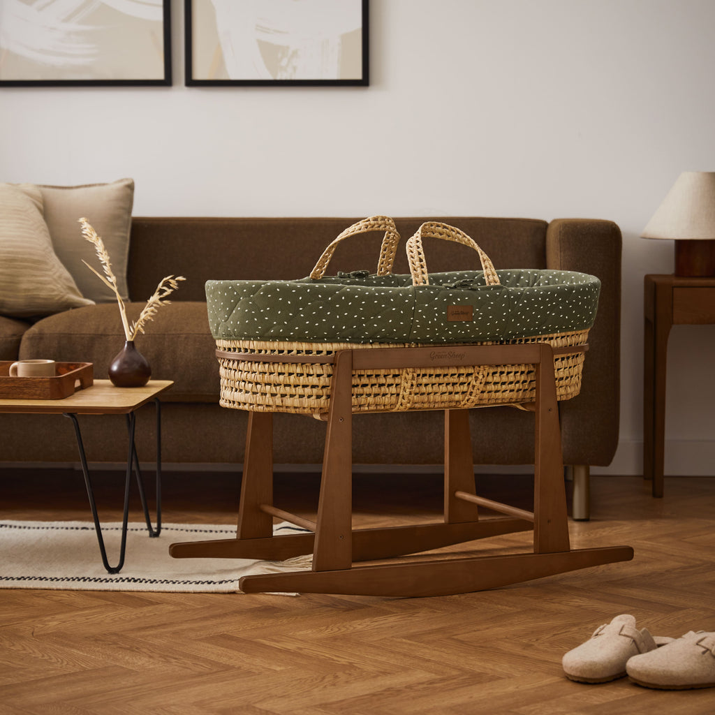 Natural Quilted Rice Moses Basket, Mattress & Walnut Rocking Stand Juniper