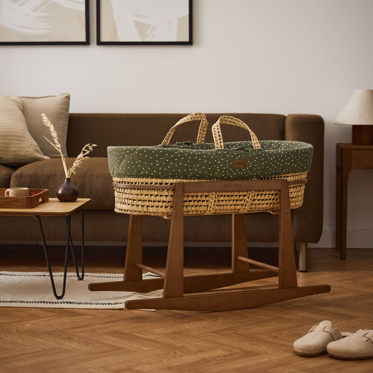 Natural Quilted Rice Moses Basket, Mattress & Walnut Rocking Stand Juniper