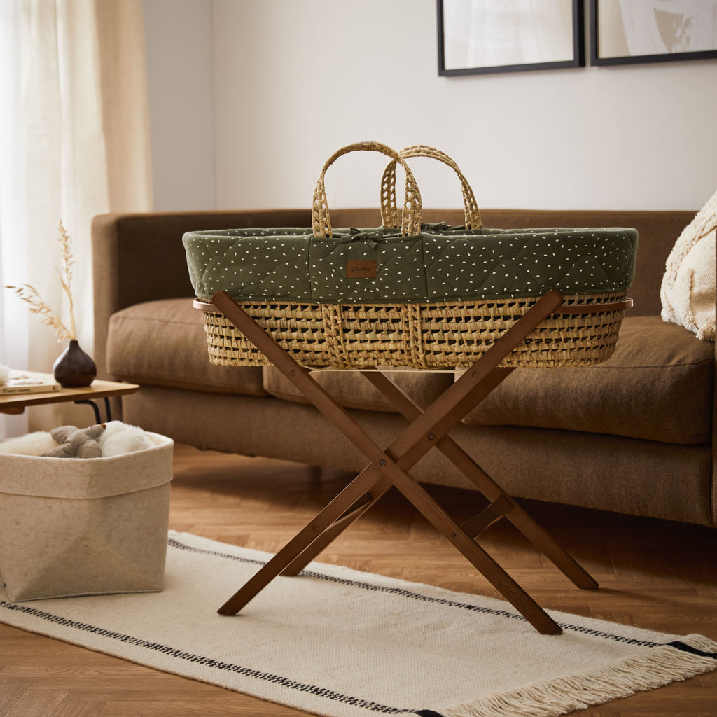 Natural Quilted Rice Moses Basket, Mattress & Walnut Foldable Stand Juniper