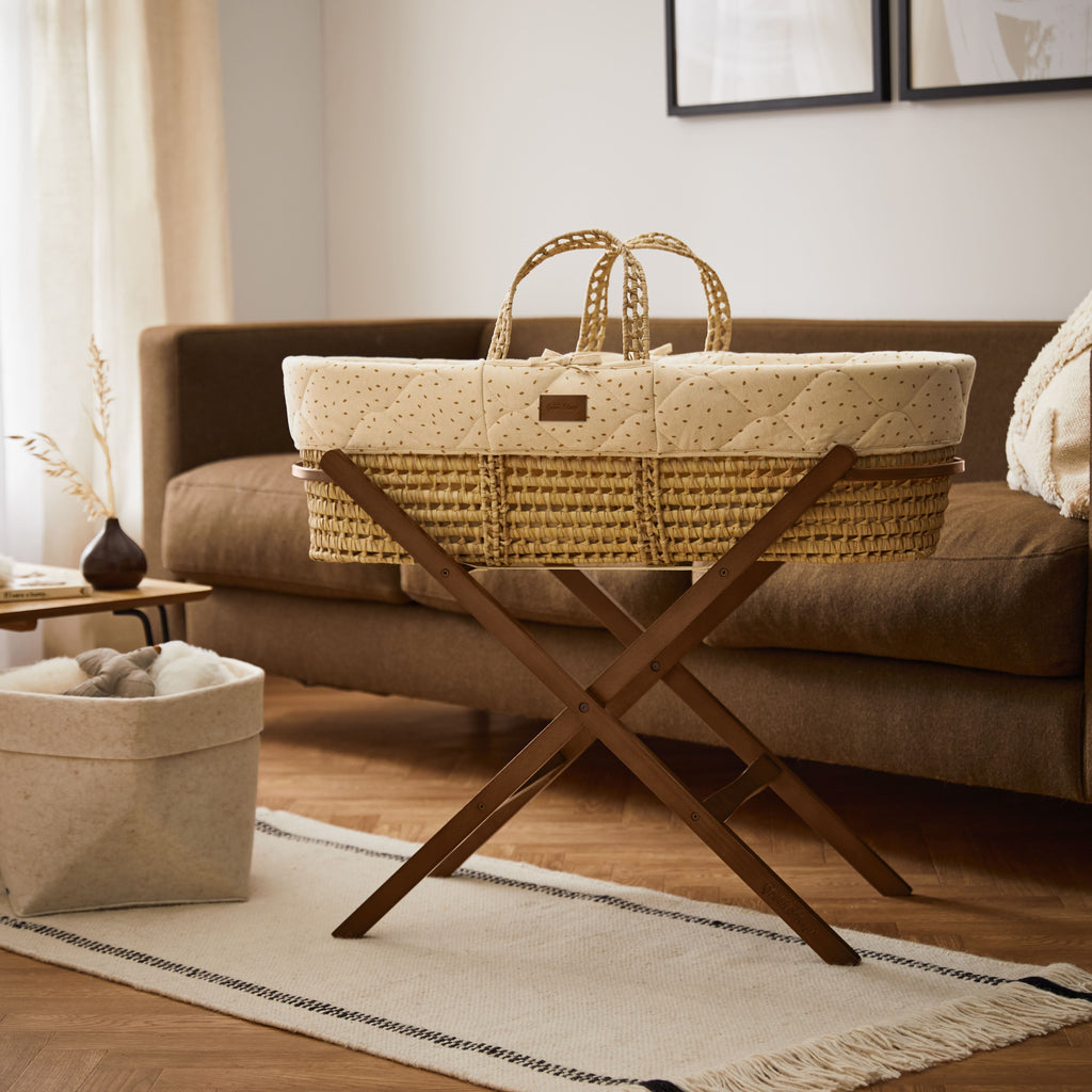 Natural Quilted Rice Moses Basket, Mattress & Walnut Foldable Stand Linen