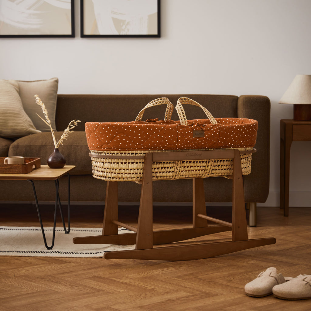 Natural Quilted Rice Moses Basket, Mattress & Walnut Rocking Stand Terracotta