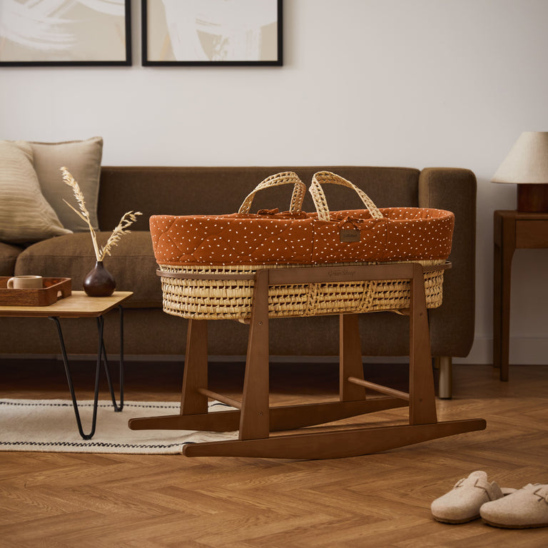 Natural Quilted Rice Moses Basket, Mattress & Walnut Rocking Stand Terracotta