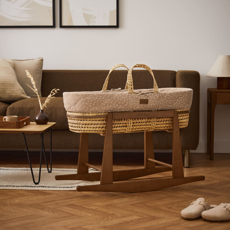 Natural Quilted Rice Moses Basket, Mattress & Walnut Rocking Stand Truffle