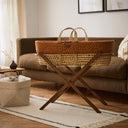 Natural Quilted Rice Moses Basket, Mattress & Walnut Foldable Stand Terracotta