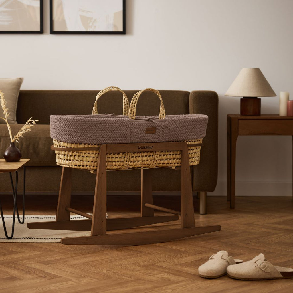 Organic Wheat Knitted Moses Basket, Mattress & Walnut Rocking Stand Cocoa