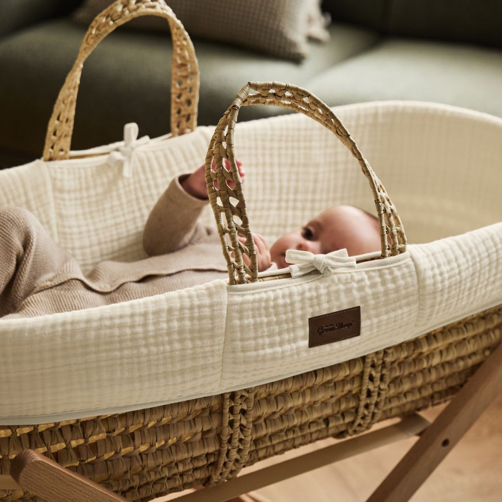 Cotton Muslin Moses Basket, Mattress & Walnut Static Stand Ecru