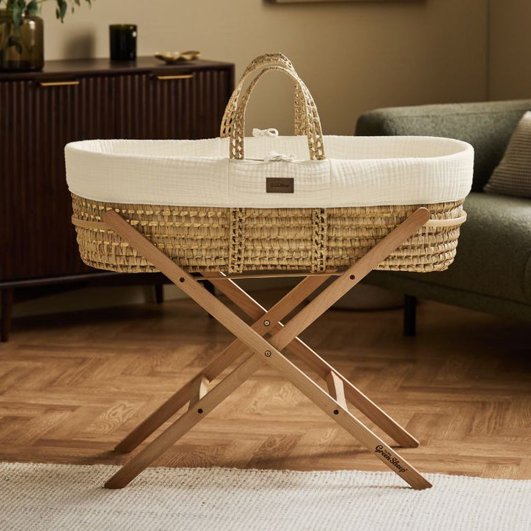 Cotton Muslin Moses Basket, Mattress & Natural Static Stand Ecru