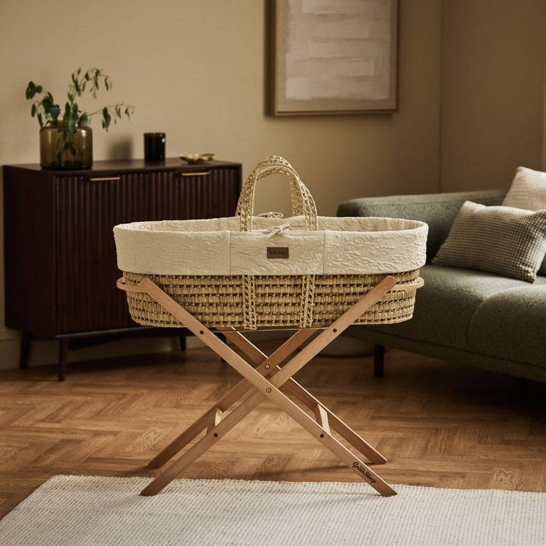 Organic Furrow Knitted Moses Basket, Mattress & Natural Foldable Stand Linen