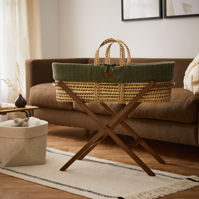 Organic Knitted Moses Basket, Mattress & Walnut Foldable Stand Juniper