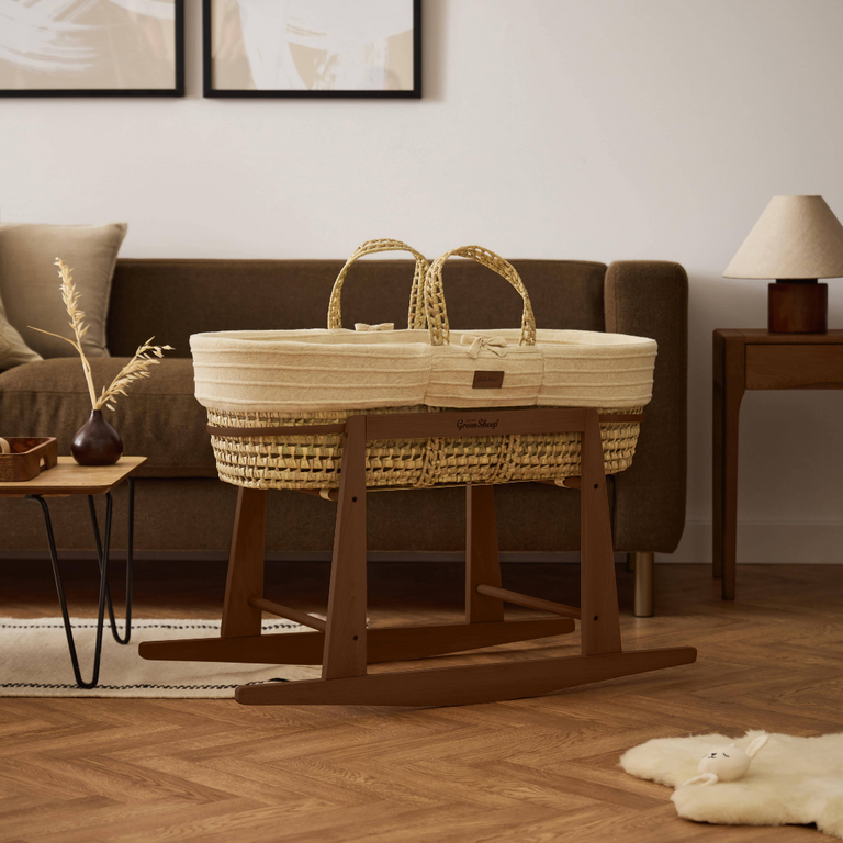Organic Ripple Knitted Moses Basket, Mattress & Walnut Rocking Stand Linen