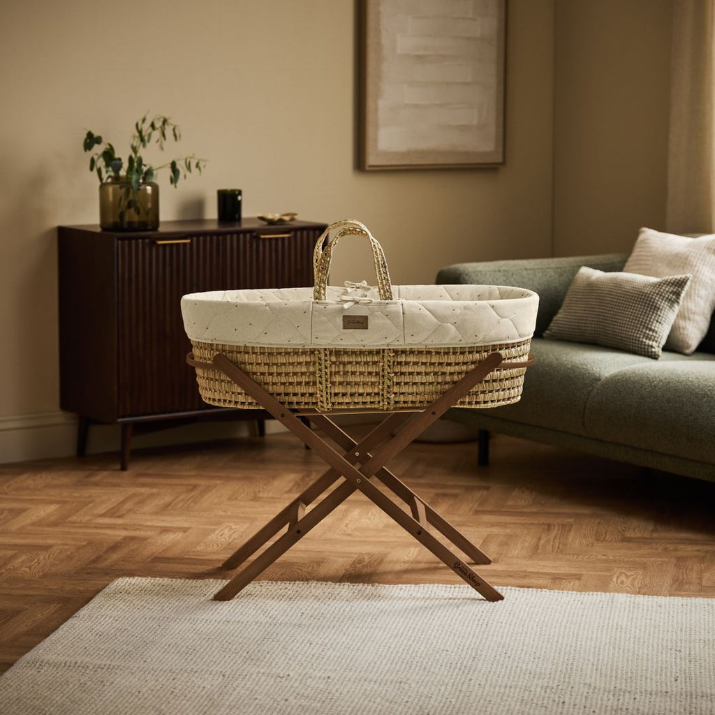 Organic Rice Quilt Moses Basket, Mattress & Walnut Foldable Stand Linen with Cocoa