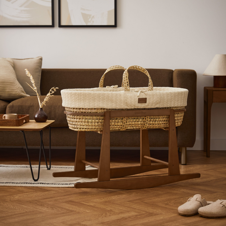 Organic Knitted Moses Basket, Mattress & Walnut Rocking Stand Linen