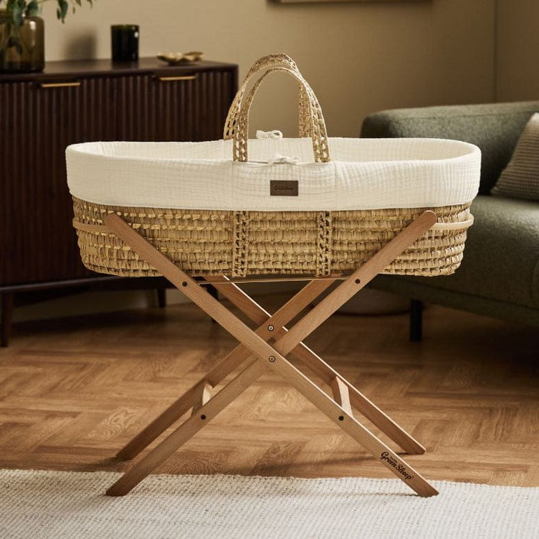 Cotton Muslin Moses Basket, Mattress & Natural Foldable Stand Ecru