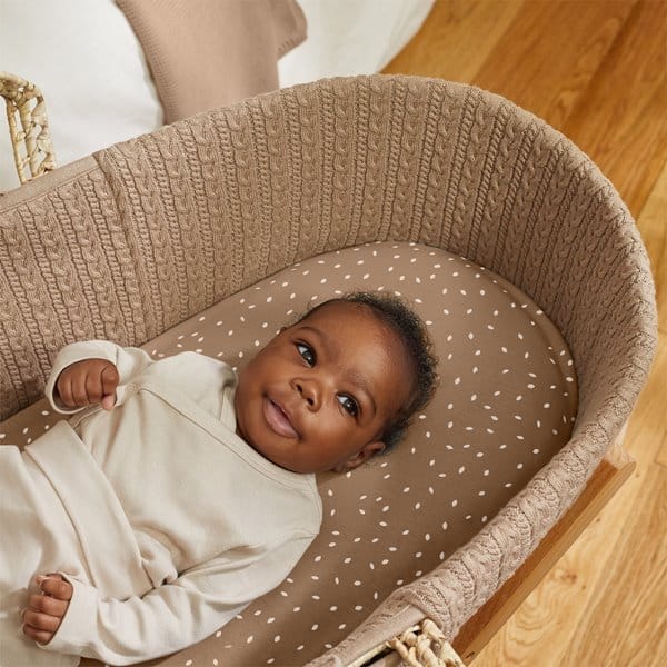 Organic Knitted Moses Basket, Mattress & Natural Rocking Stand Truffle