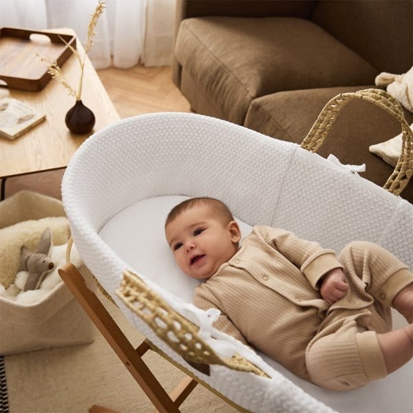 Organic Wheat Knit Moses Basket & Mattress White