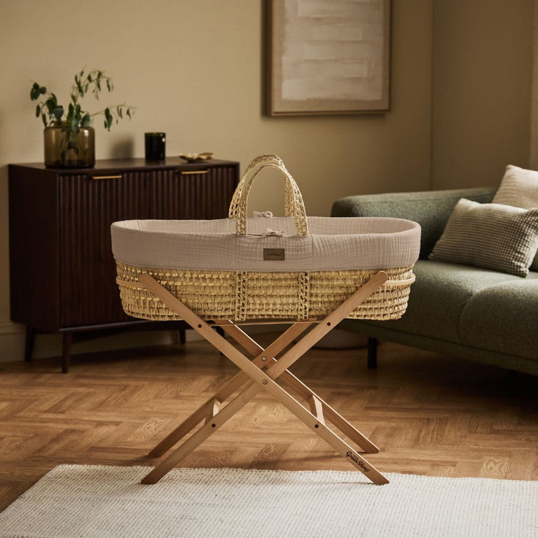 Cotton Muslin Moses Basket, Mattress & Natural Foldable Stand Truffle