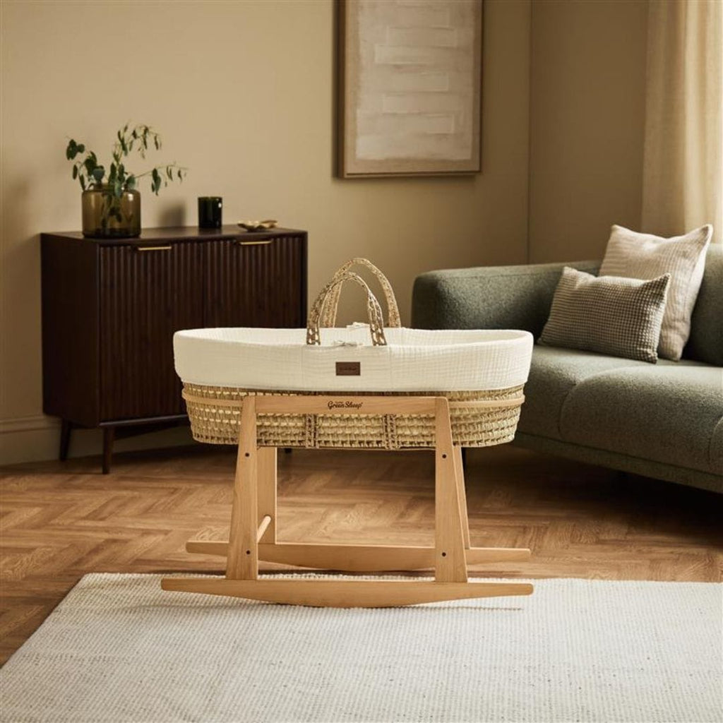 Cotton Muslin Moses Basket, Mattress & Natural Rocking Stand Ecru