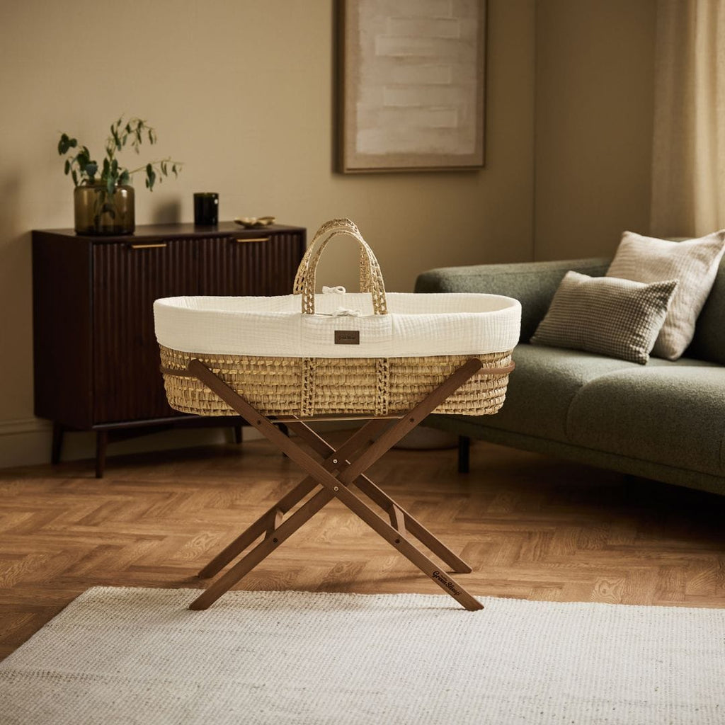 Little Green Sheep Moses Basket, Mattress & Stand Cotton Muslin Moses Basket, Mattress & Walnut Foldable Stand Ecru