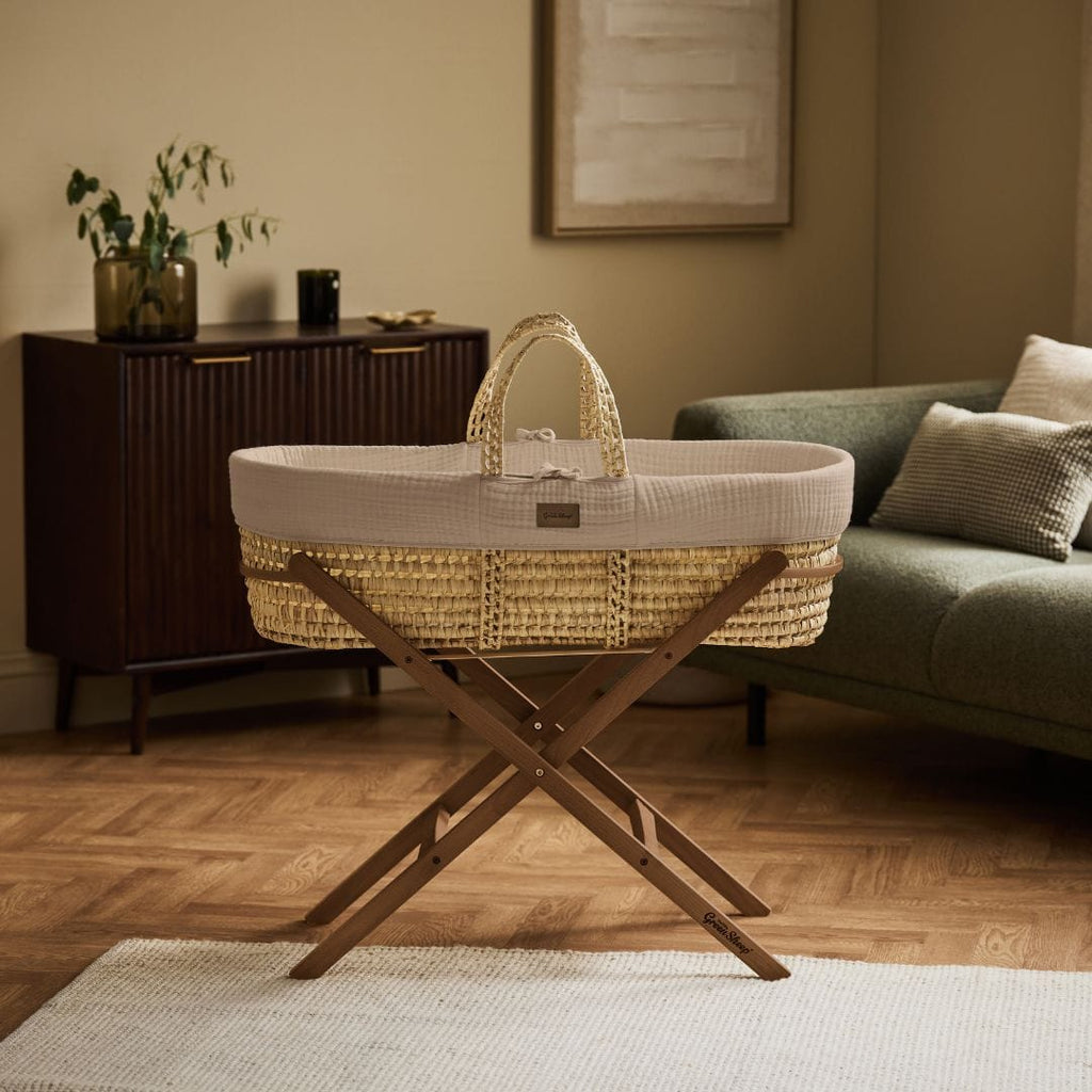 Cotton Muslin Moses Basket, Mattress & Walnut Foldable Stand Truffle