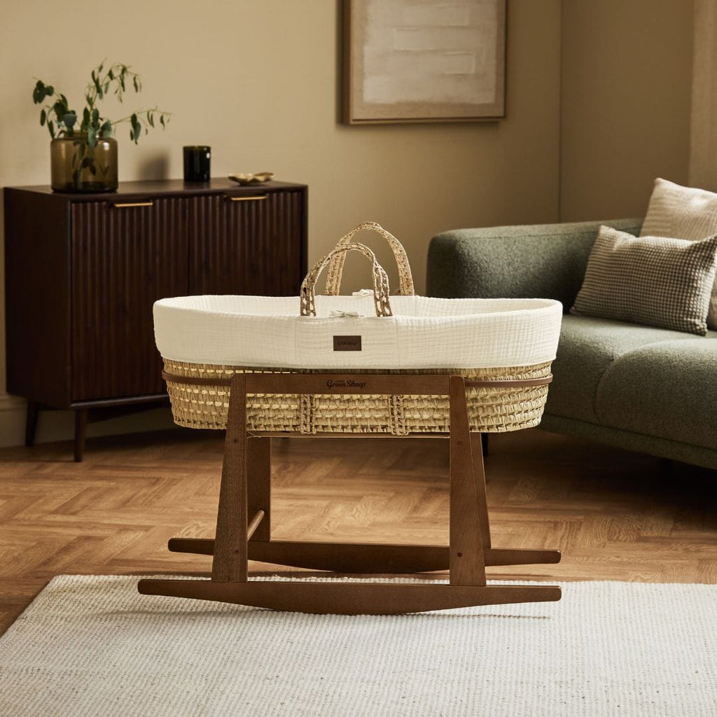 Little Green Sheep Moses Basket, Mattress & Stand Cotton Muslin Moses Basket, Mattress & Walnut Rocking Stand Ecru