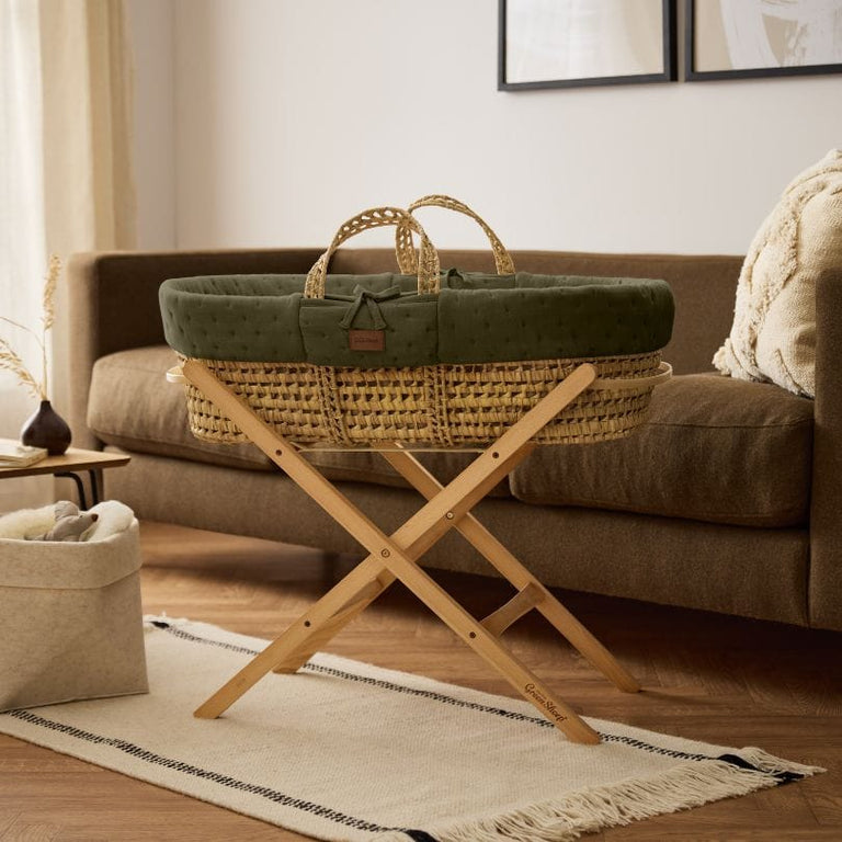 Organic Dimple Quilted Moses Basket, Mattress & Natural Foldable Stand Juniper