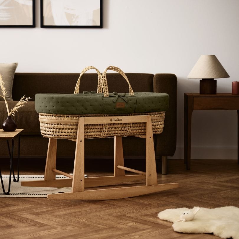 Little Green Sheep Moses Basket, Mattress & Stand Organic Dimple Quilted Moses Basket, Mattress & Natural Rocking Stand Juniper