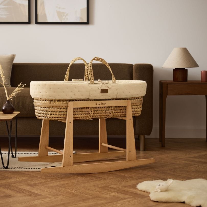 Little Green Sheep Moses Basket, Mattress & Stand Organic Dimple Quilted Moses Basket, Mattress & Natural Rocking Stand Linen