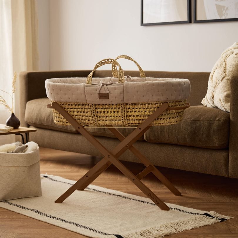 Organic Dimple Quilted Moses Basket, Mattress & Walnut Foldable Stand Truffle