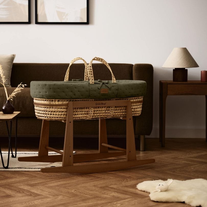 Little Green Sheep Moses Basket, Mattress & Stand Organic Dimple Quilted Moses Basket, Mattress & Walnut Rocking Stand Juniper