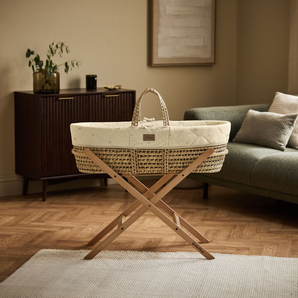 Little Green Sheep Moses Basket, Mattress & Stand Organic Floral Quilt Moses Basket, Mattress & Natural Foldable Stand