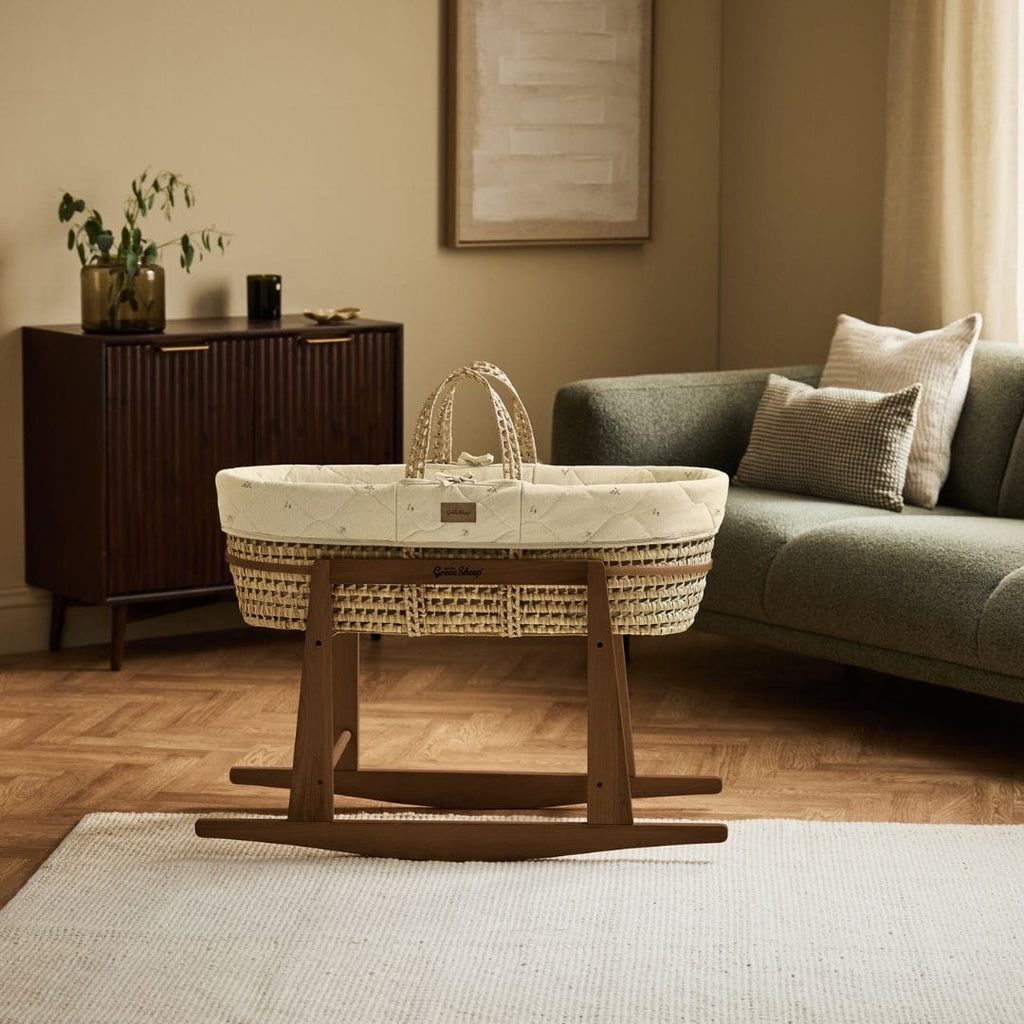 Little Green Sheep Moses Basket, Mattress & Stand Organic Floral Quilt Moses Basket, Mattress & Walnut Rocking Stand