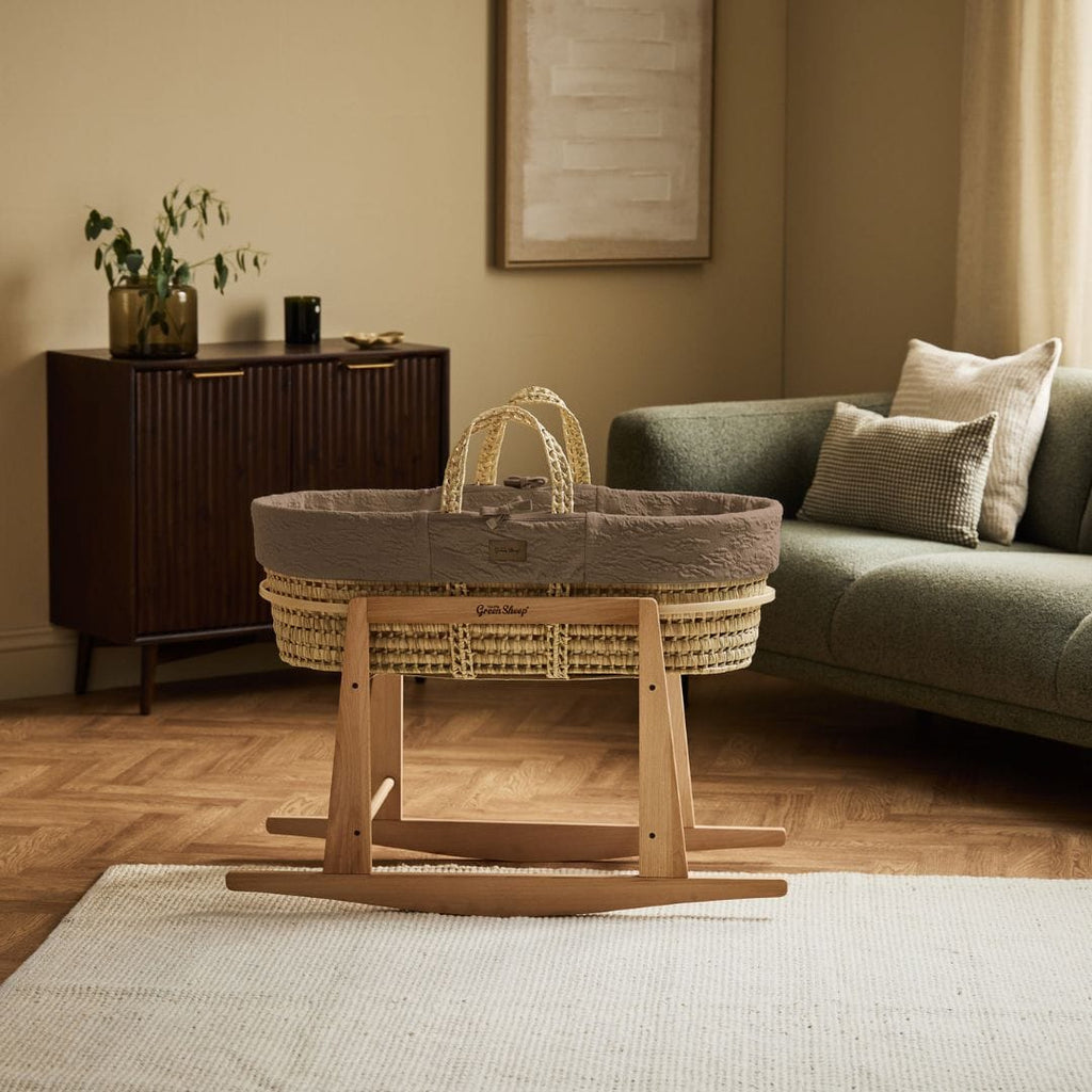 Little Green Sheep Moses Basket, Mattress & Stand Organic Furrow Knitted Moses Basket, Mattress & Natural Rocking Stand Cocoa